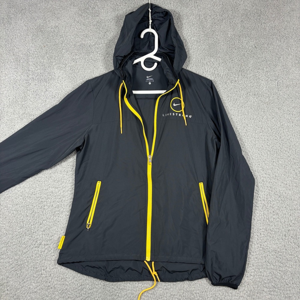 Nike Windbreaker Women Large Grey Yellow Livestrong Full Zip Hooded Jacket 2046